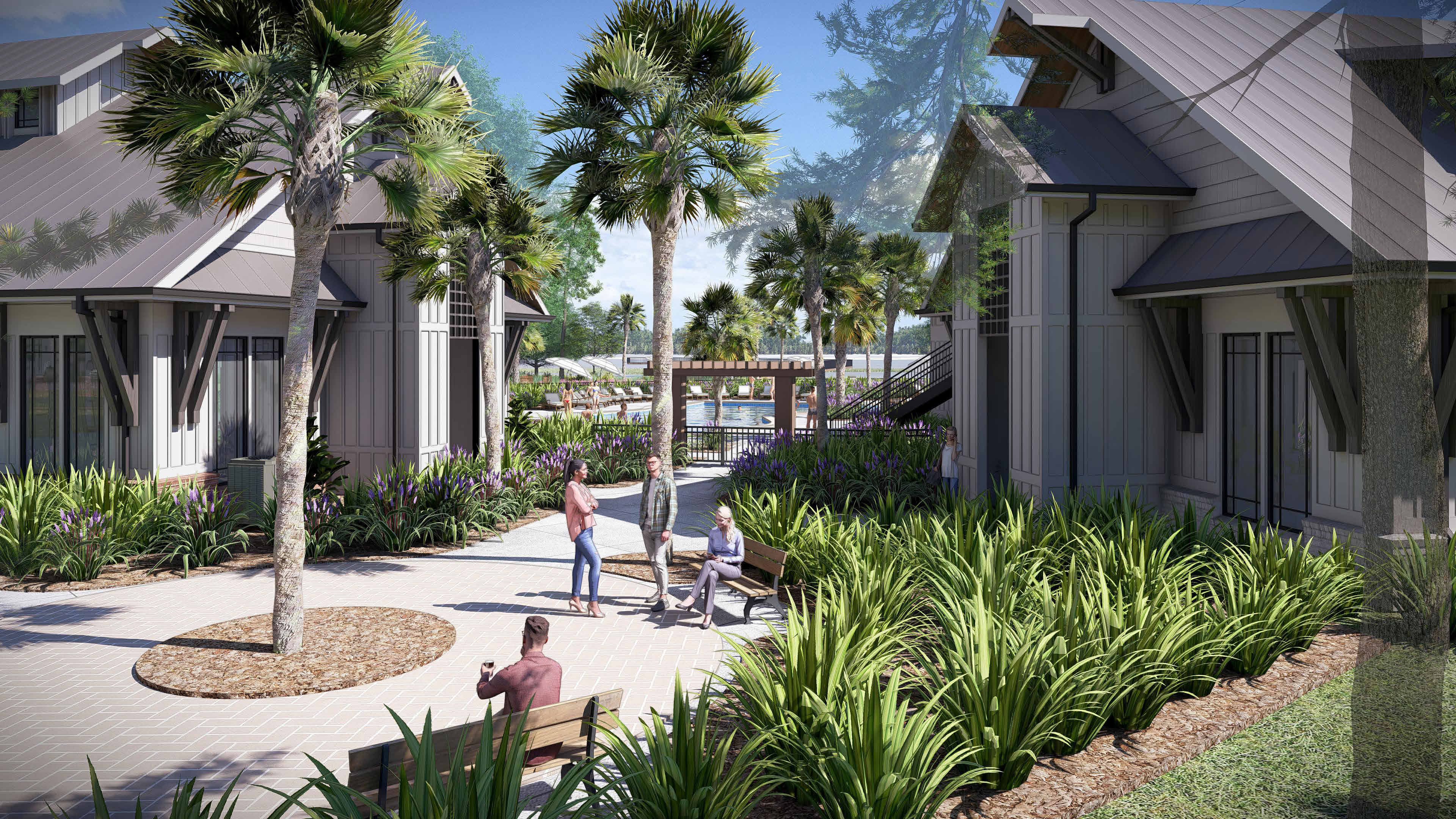 Landscaped pedestrian route between amenity buildings