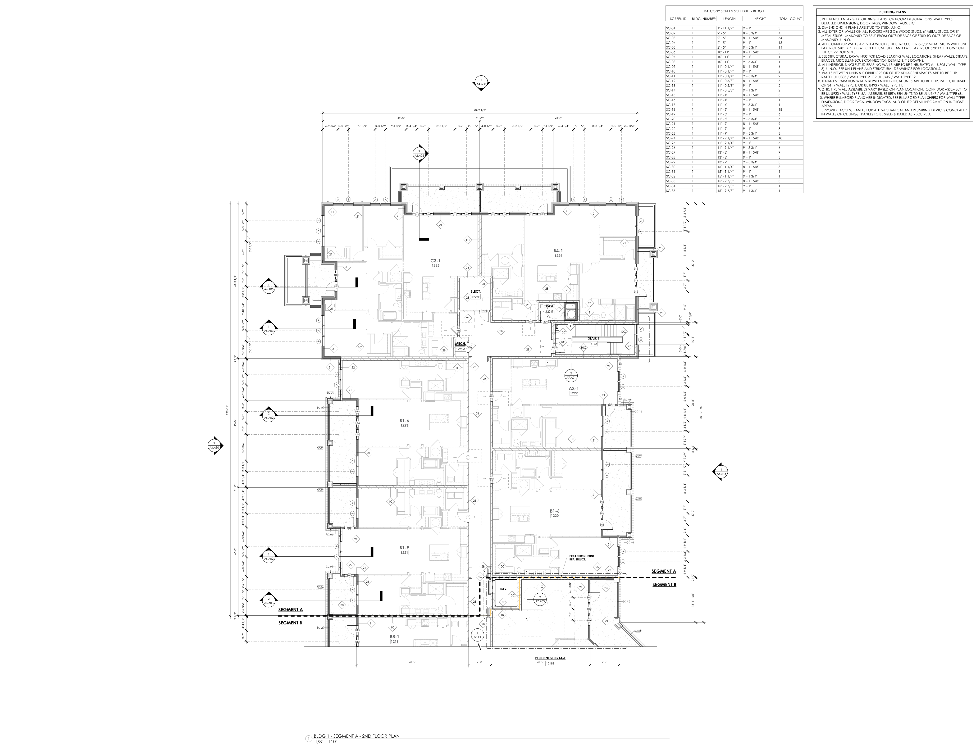 Segment A · Second floor: Residential layouts, circulation, dimensions, and assembly references.