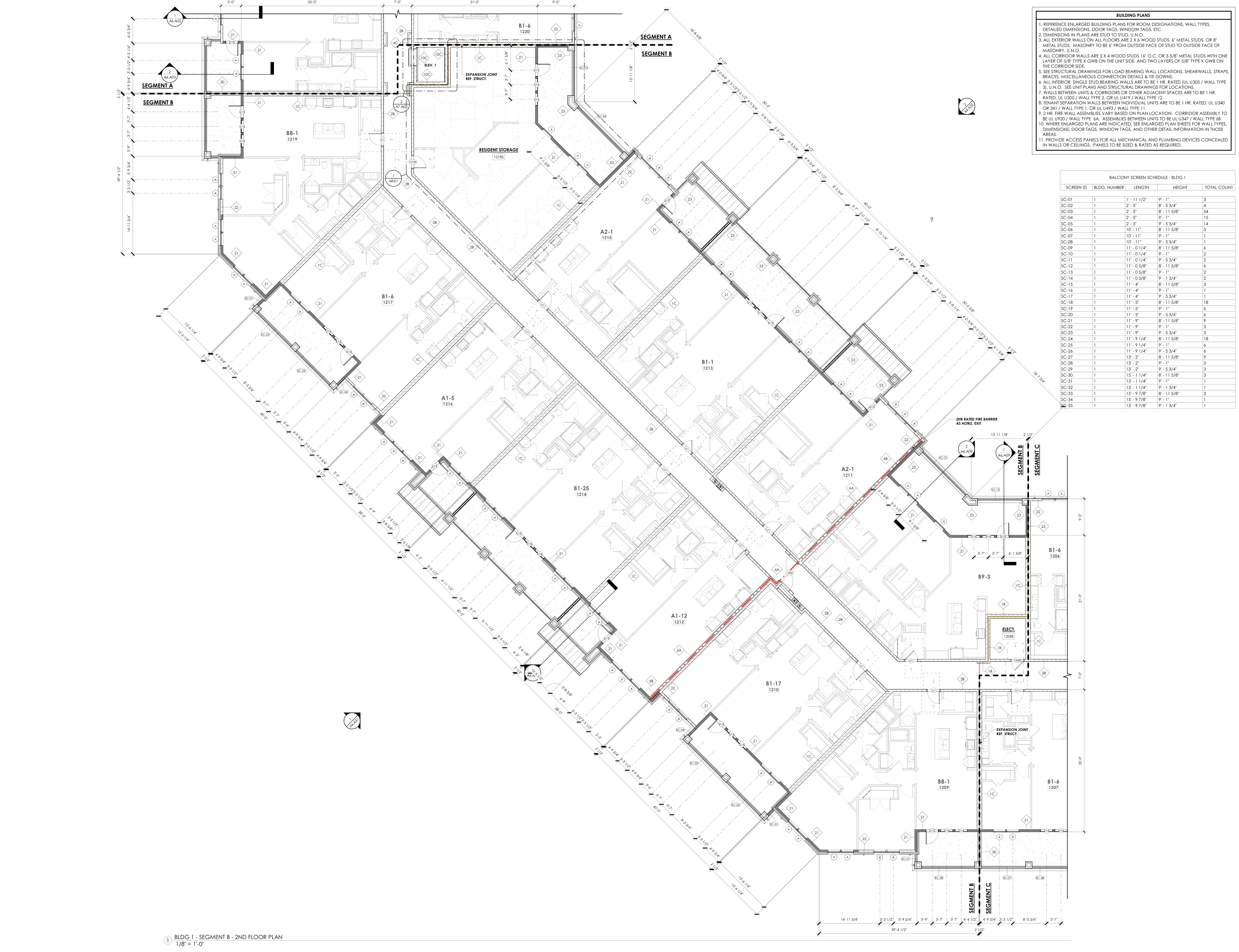 Segment B · Second floor: The connecting residential wing, horizontal exit, and unit arrangements.