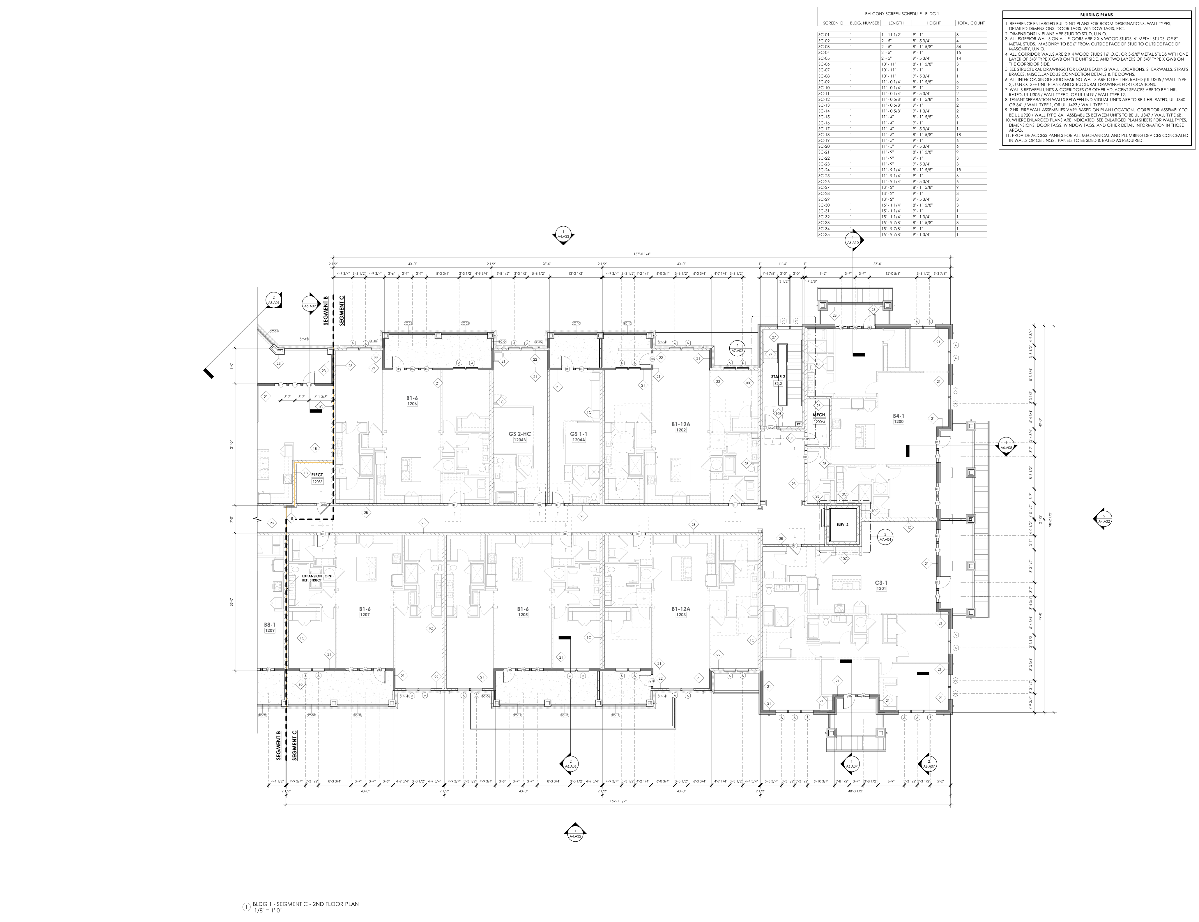 Segment C · Second floor: Residential layouts around the corridor and elevator core.