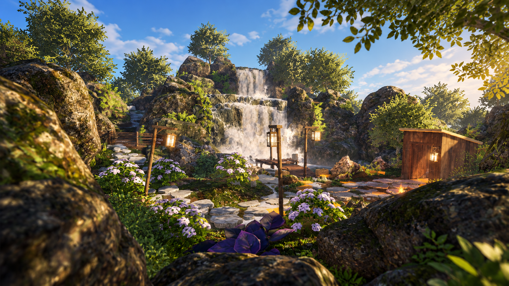 Waterfall Gem Tycoon environment with tiered falls, paths, lanterns, and planting